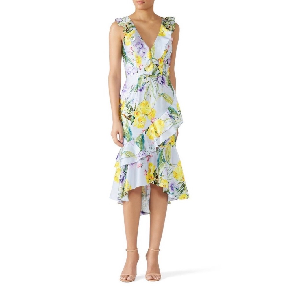 Vone Aini Floral Ruffle Satin High Low Midi Dress V-Neck Sleeveless Sz 4